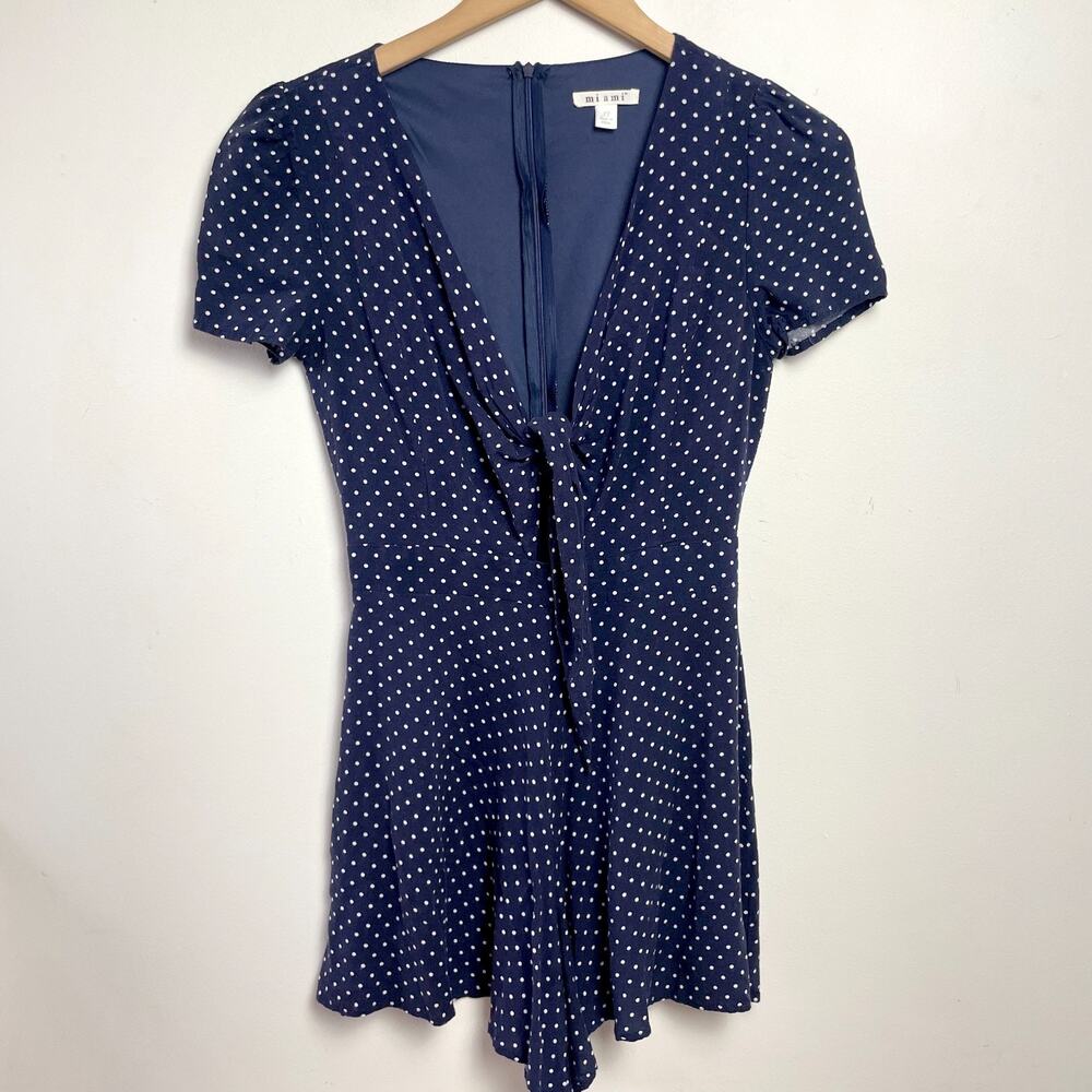 Navy Polka Dot Tie Front Romper Shorts Sz‎ XS Parisian Retro Minimalist Skater